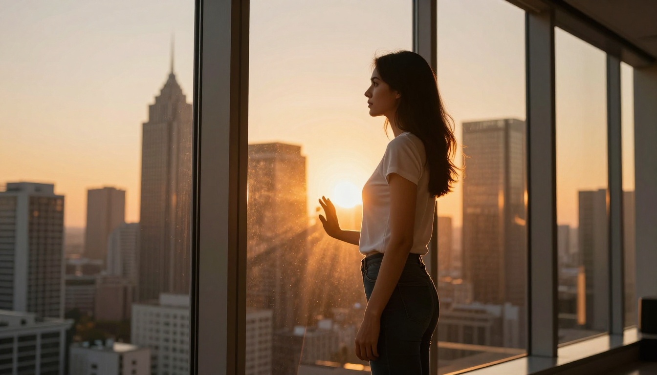 Woman standing at floor-to-ceiling window, golden sunset cityscape behind her, silhouette in warm backlight