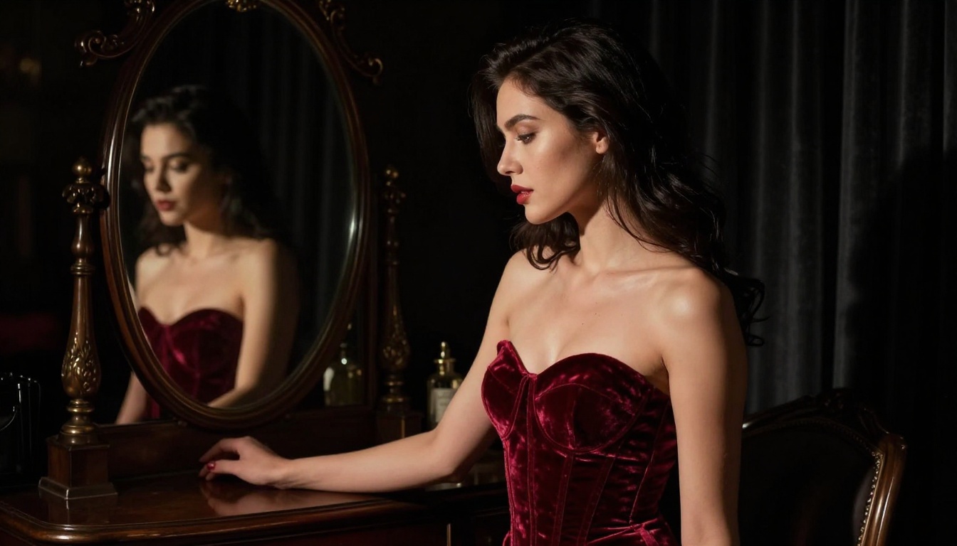 Glamorous woman in red velvet corset, boudoir setting, dramatic spotlight, Kodak Portra 400