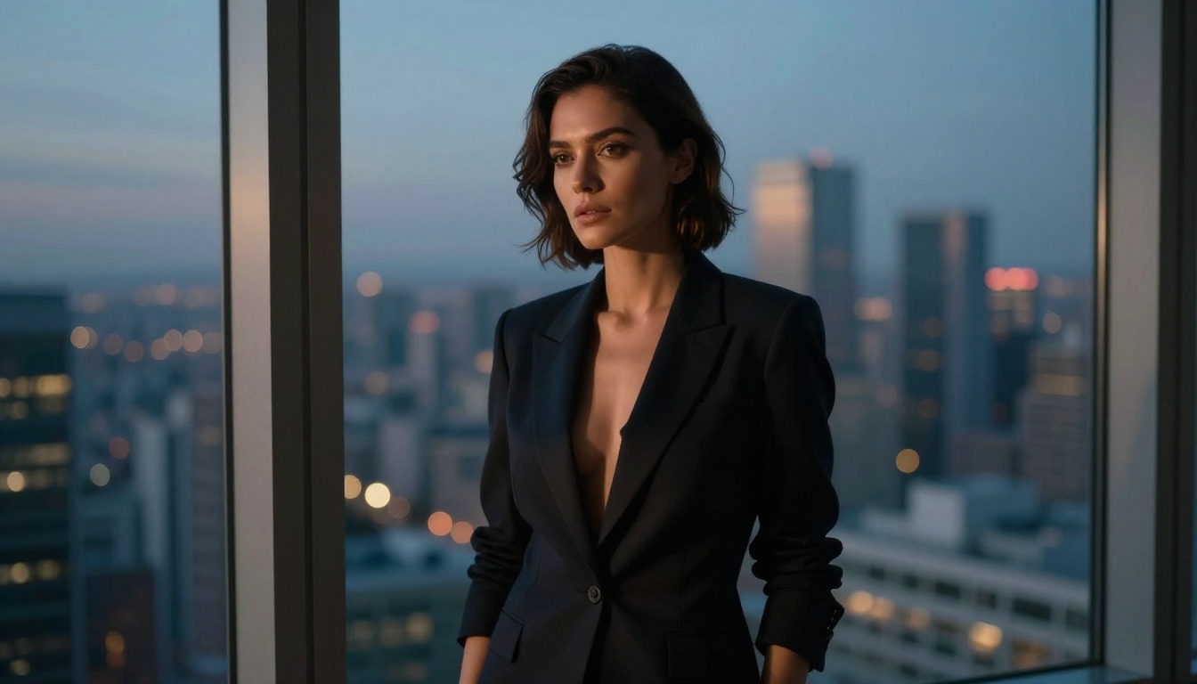 Sophisticated woman in tailored blazer against a city skyline at dusk with bokeh city lights Sophisticated woman in tailored blazer against a city skyline at dusk with bokeh city lights