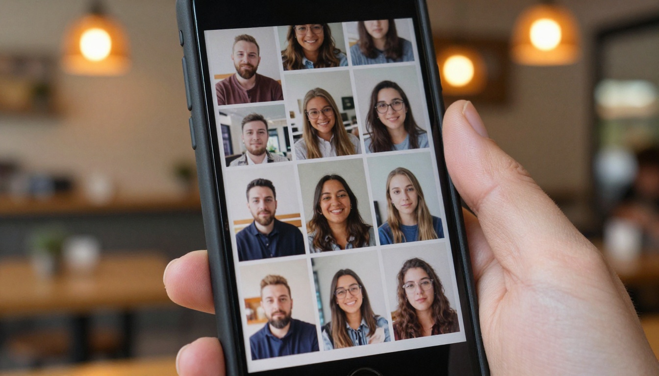 Hand holding smartphone browsing AI portrait image grid, warm cafe interior background, natural daylight
