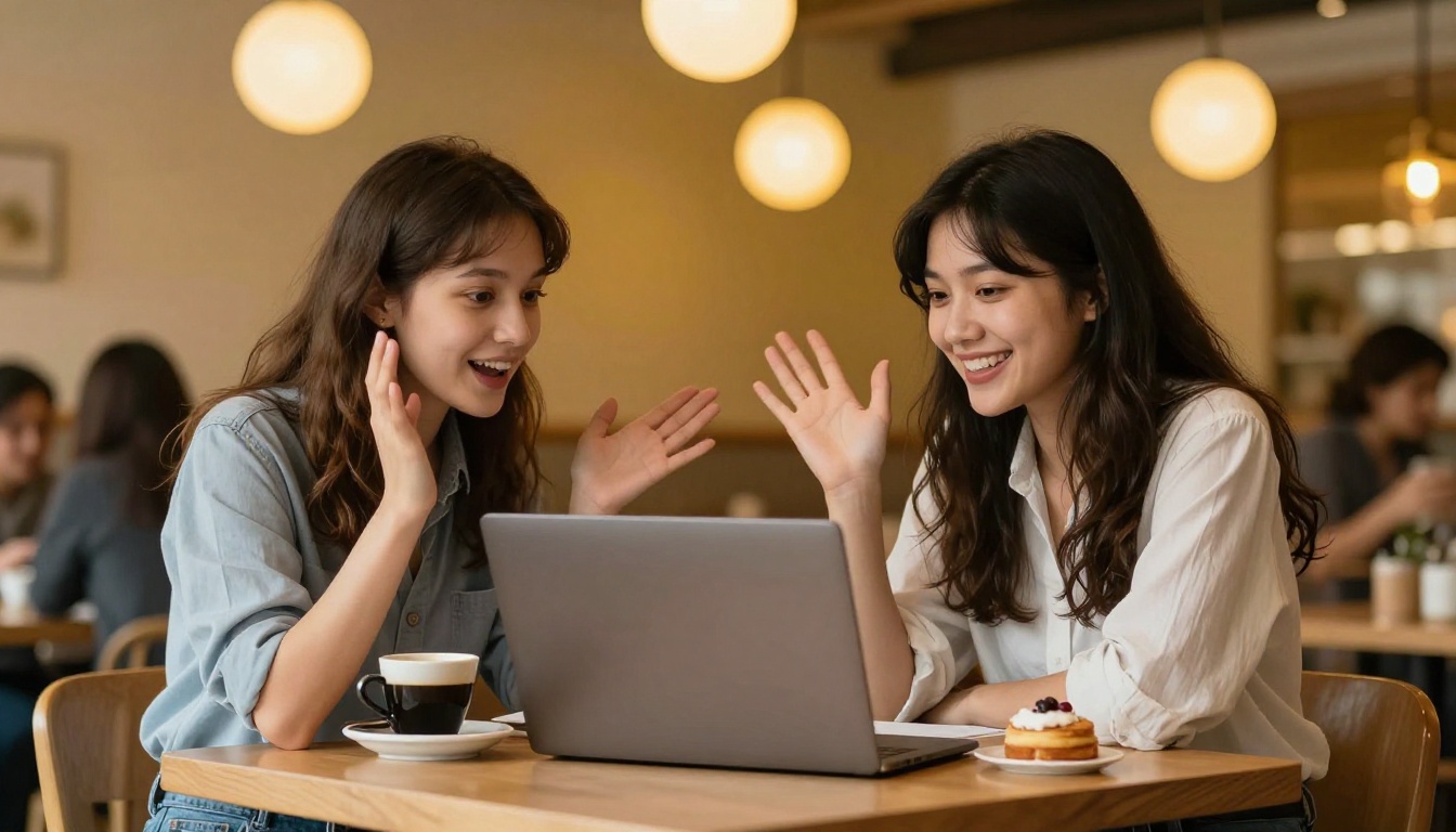 Two young women at cafe table sharing laptop screen, warm pendant lamp lighting, animated expressions