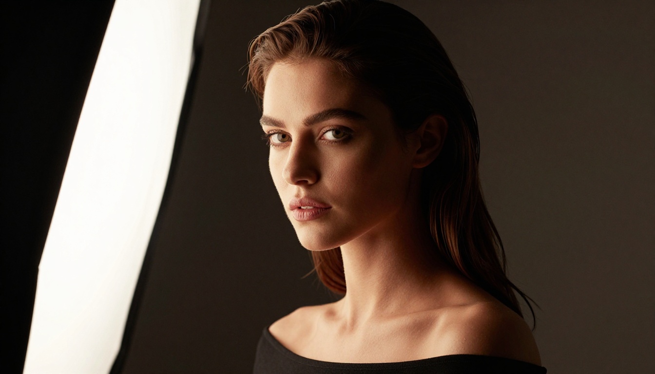 Studio glamour portrait with dramatic Rembrandt side lighting