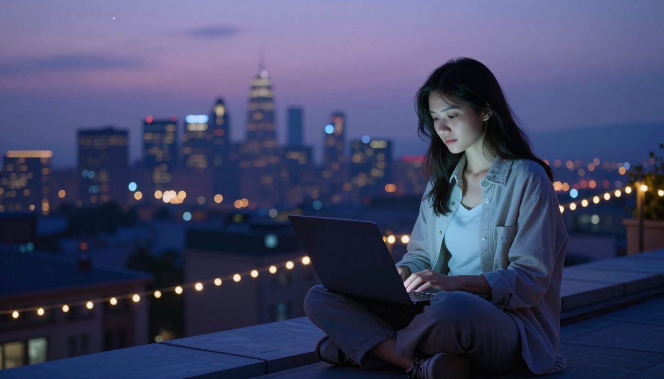 Young woman on rooftop at blue hour dusk, city skyline in distance, laptop screen glow on face