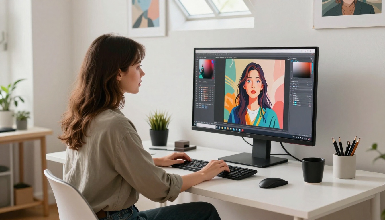 AI creative workspace with dual monitors showing AI-generated portraits