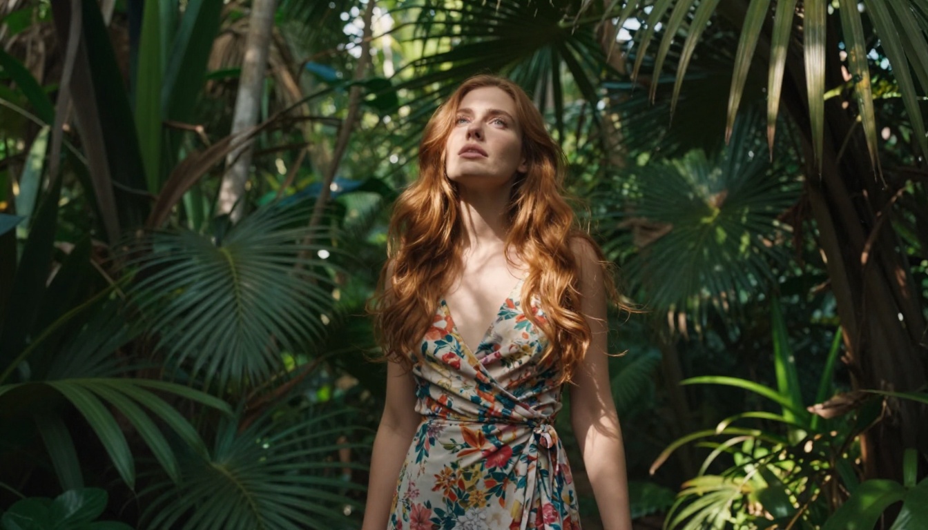 Auburn-haired woman in floral wrap dress photographed low-angle through tropical botanical garden foliage
