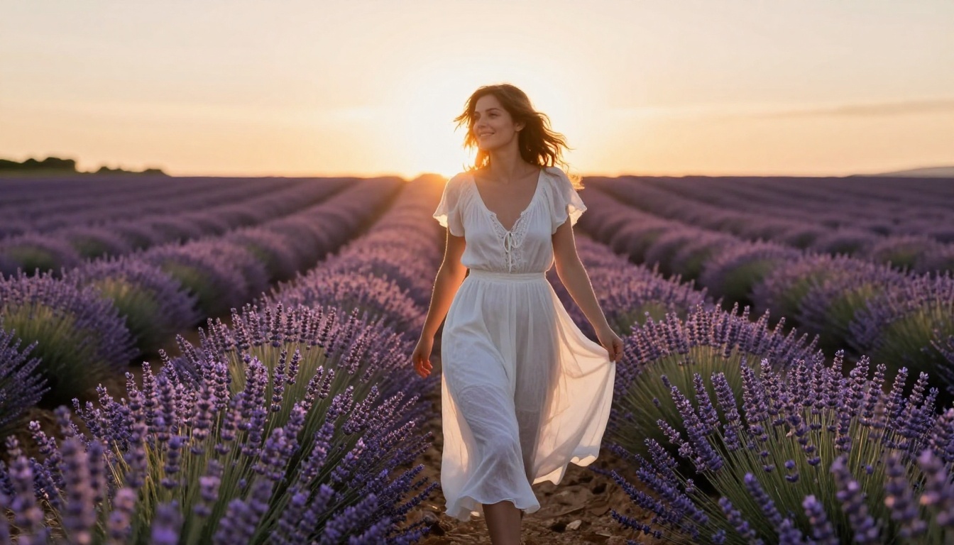 Woman in Provence lavender field at golden hour sunset