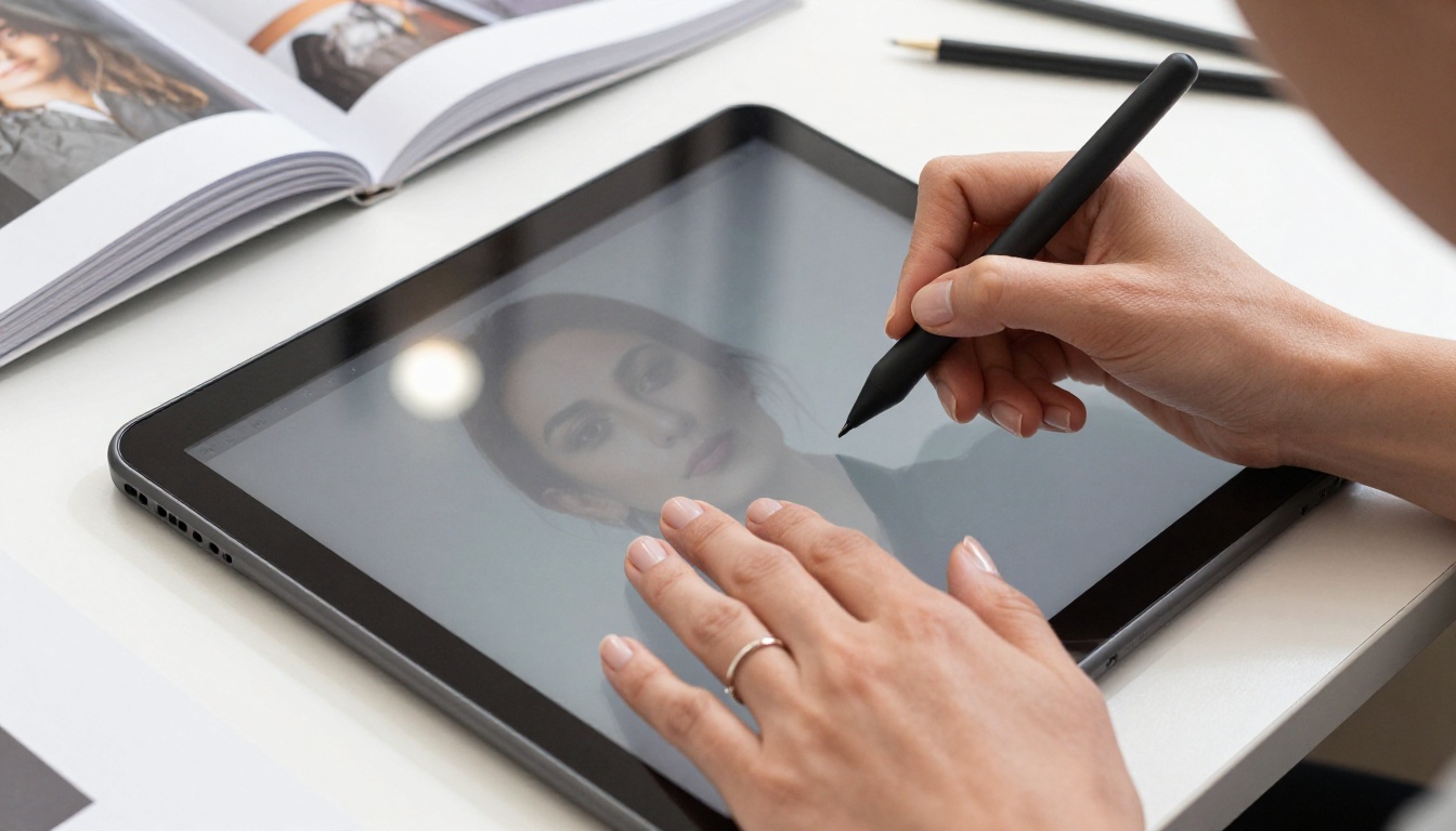 Woman drawing on professional tablet with stylus, studio overhead lighting, delicate ring and nail detail