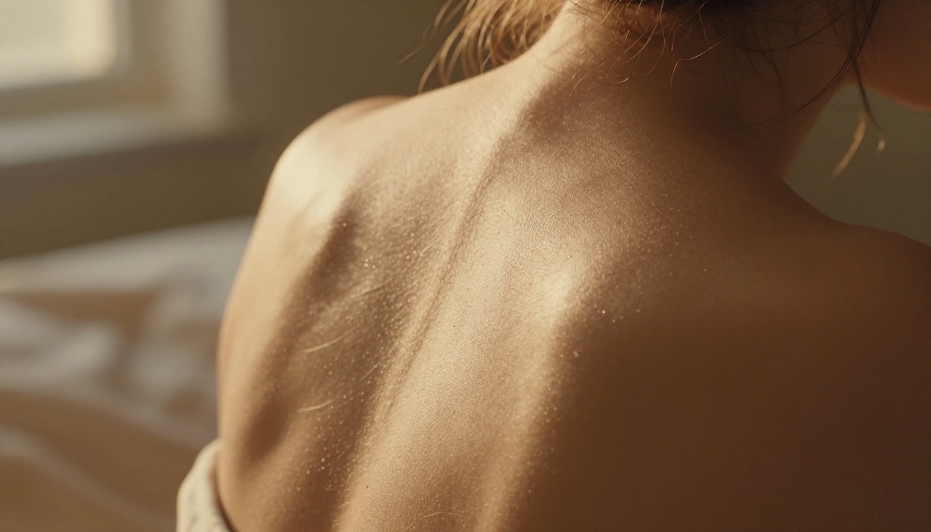 Macro close-up of woman's back and shoulder blades, raking morning sunlight, skin texture detail