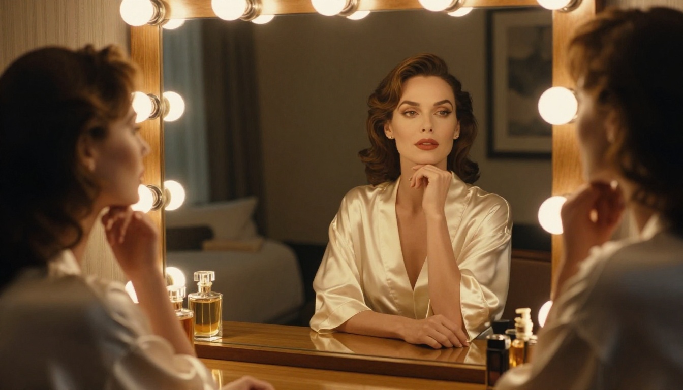 Elegant woman at Hollywood vanity with warm tungsten light