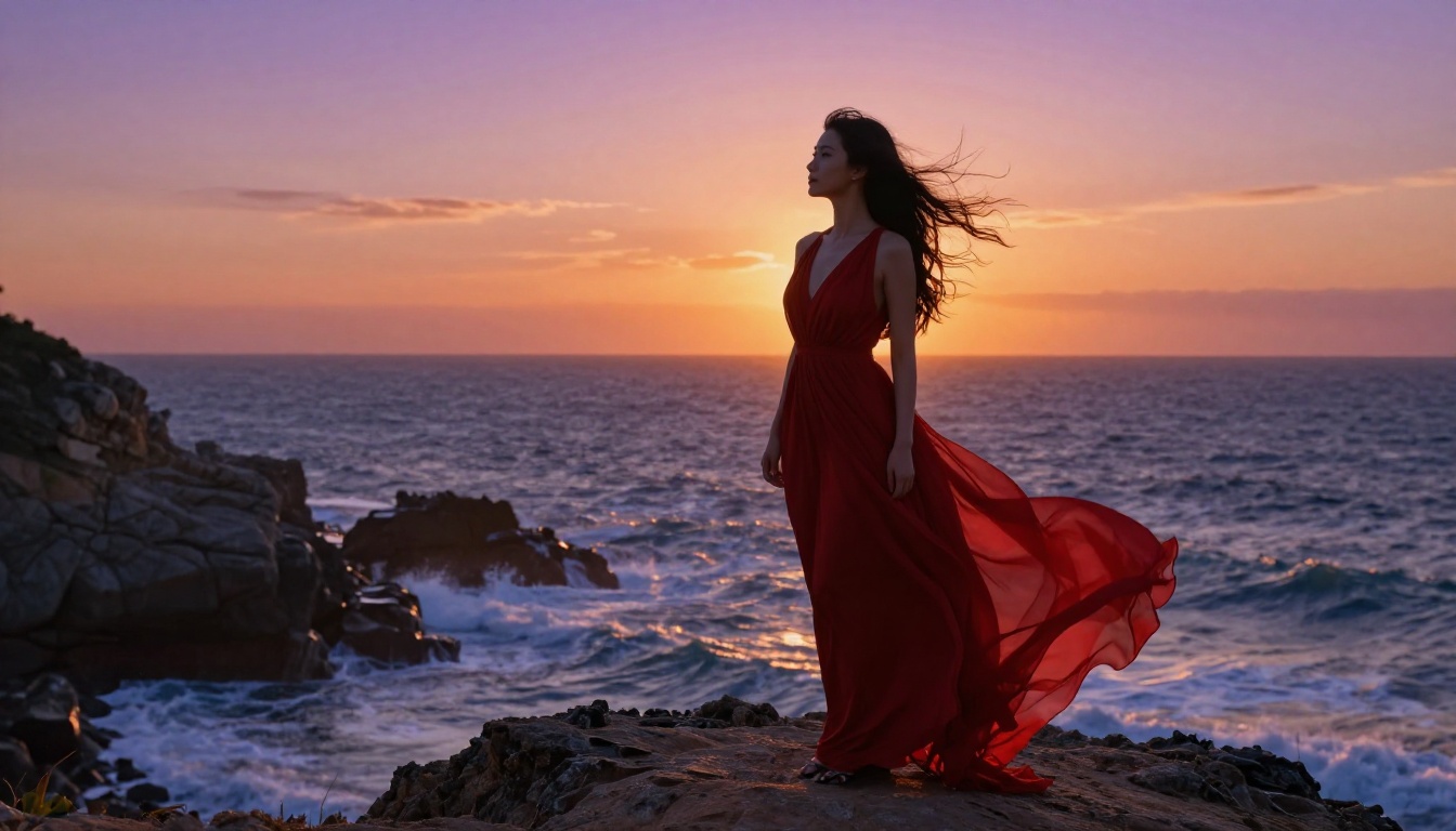 Woman in flowing red maxi dress on a rocky coastal cliff at violet and orange sunset