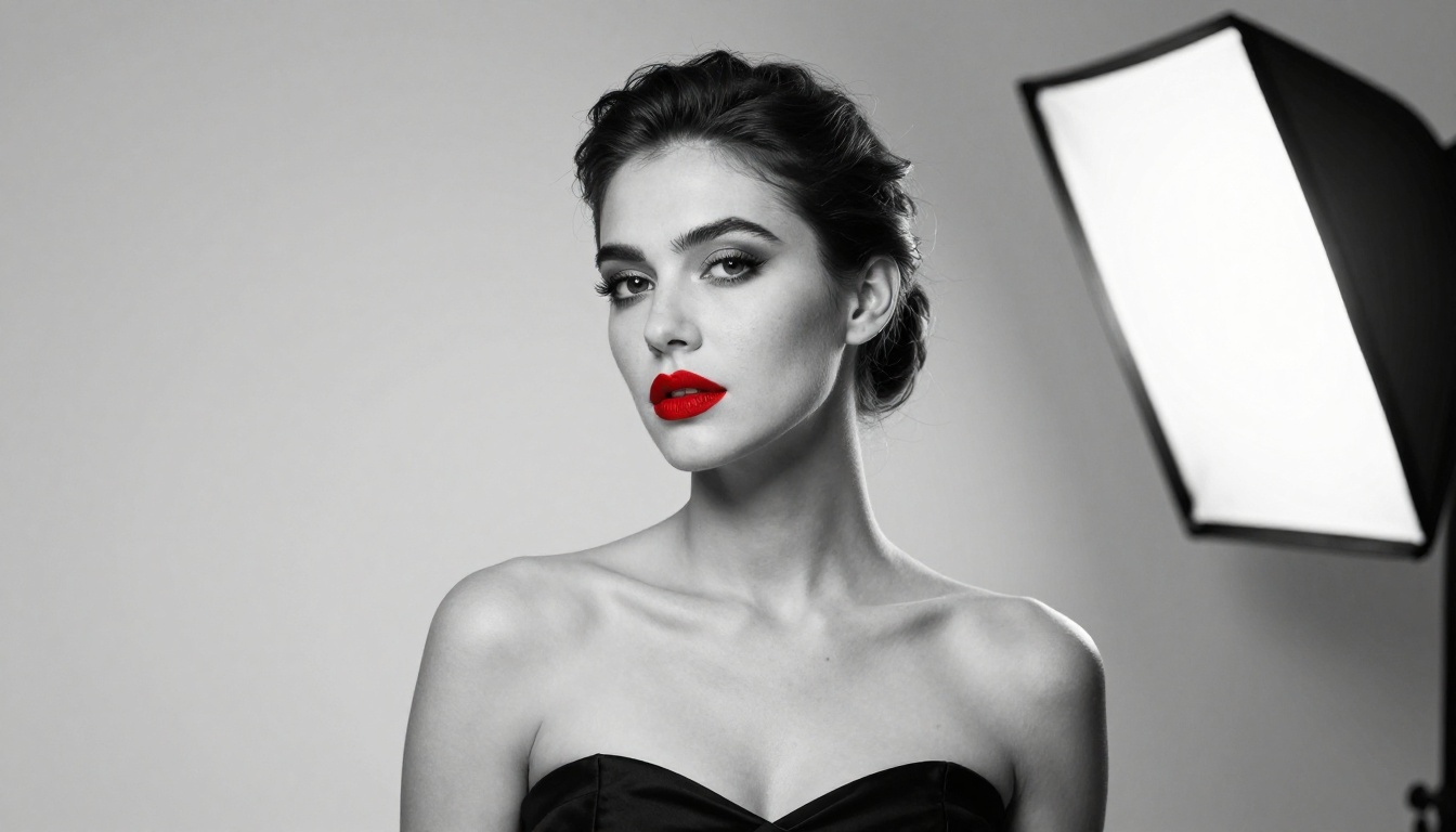 Artistic black and white portrait, red lips color accent, Rembrandt lighting, Leica 90mm, fine grain