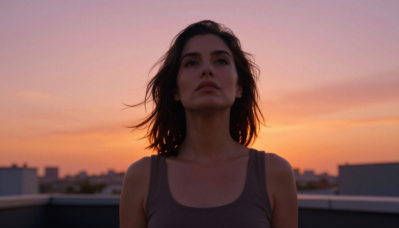 Low-angle rooftop portrait at sunset