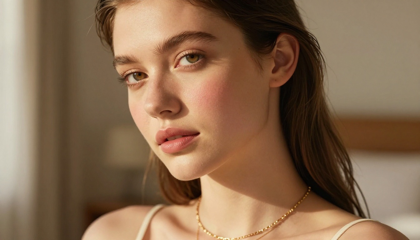 Close-up beauty glamour portrait, natural skin texture, golden-hour lighting