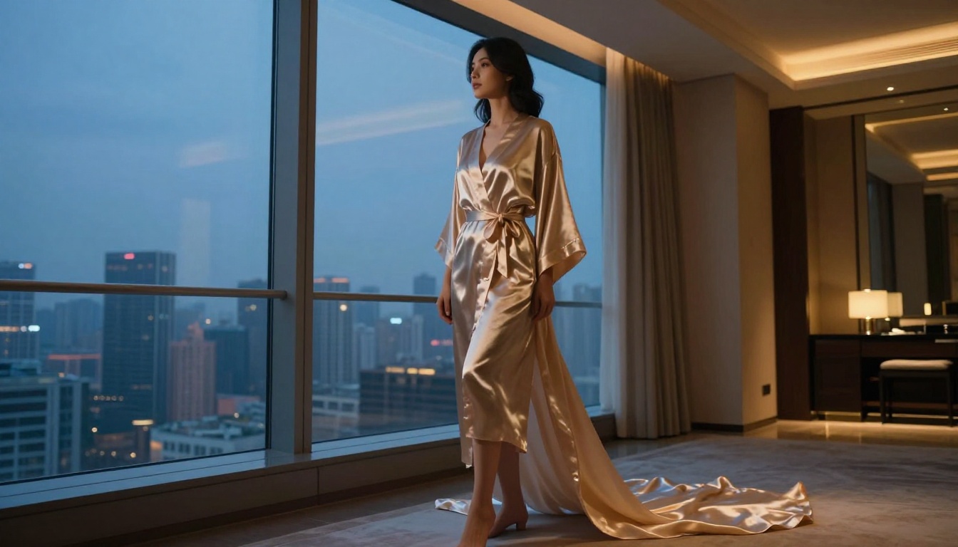Elegant woman in satin robe, luxury hotel suite, dual-light environment