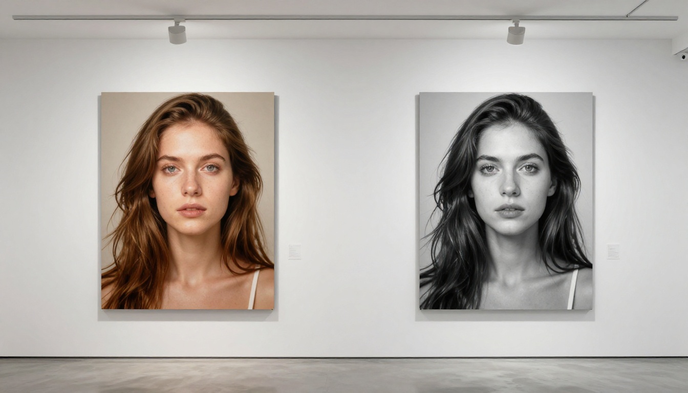 Two photographic prints in a gallery showing different AI model output styles