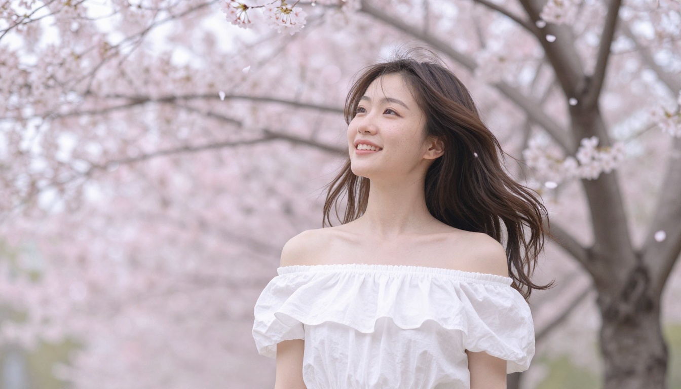 Woman in white dress beneath cherry blossoms, soft spring light, natural bokeh