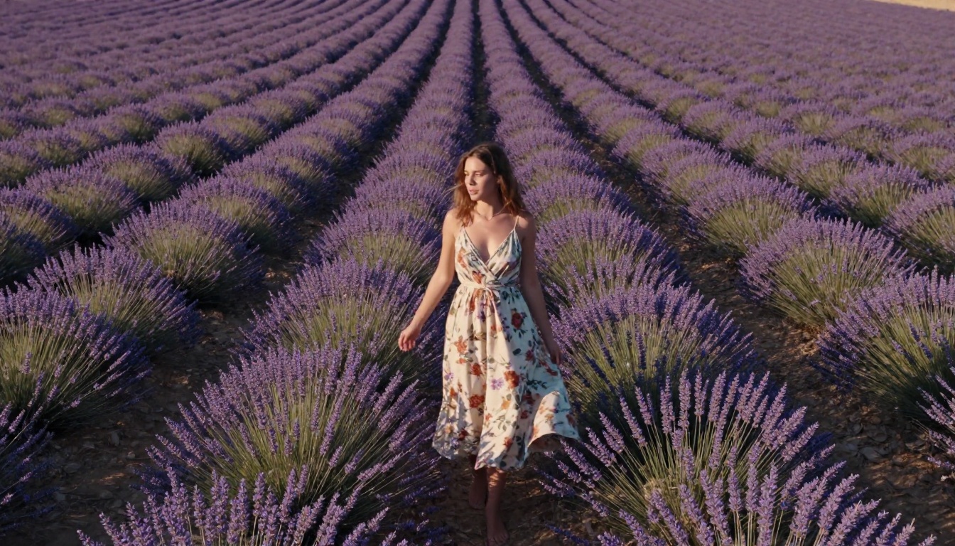 Young woman in floral dress, aerial drone shot over Provence lavender fields, warm midday light
