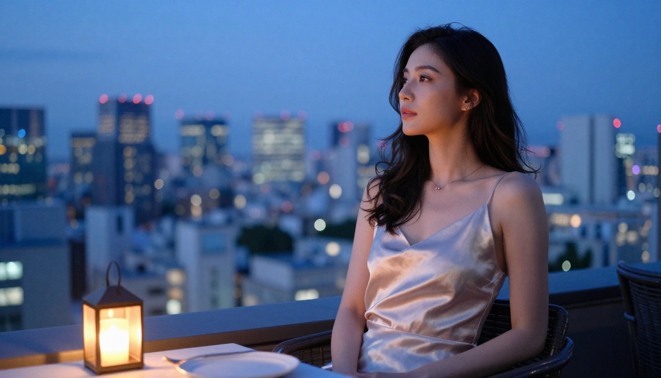 Woman in silk slip dress at Tokyo rooftop restaurant, blue-hour city bokeh, candlelight warmth