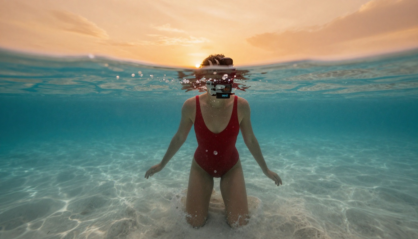Woman in red swimsuit emerging from Caribbean ocean waves, split above and underwater view