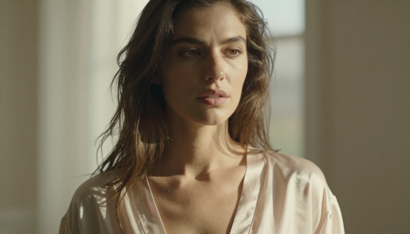 Woman in silk robe morning light portrait