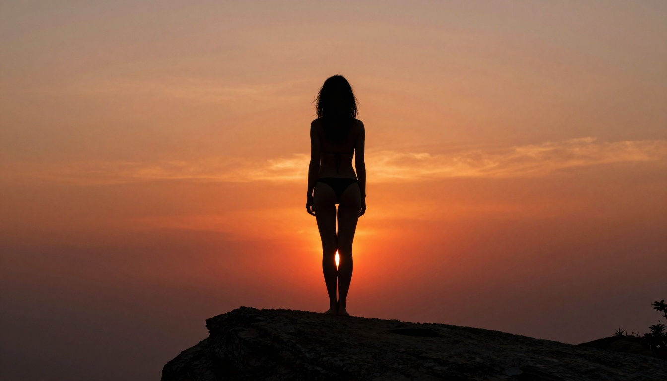 Woman silhouette cliff sunset dramatic