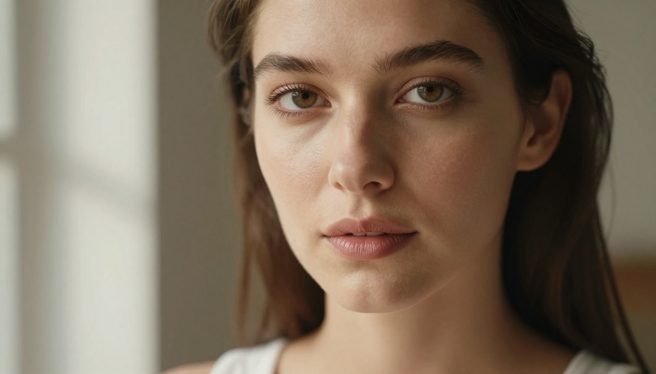 Close-up portrait with natural window light, expressive eyes