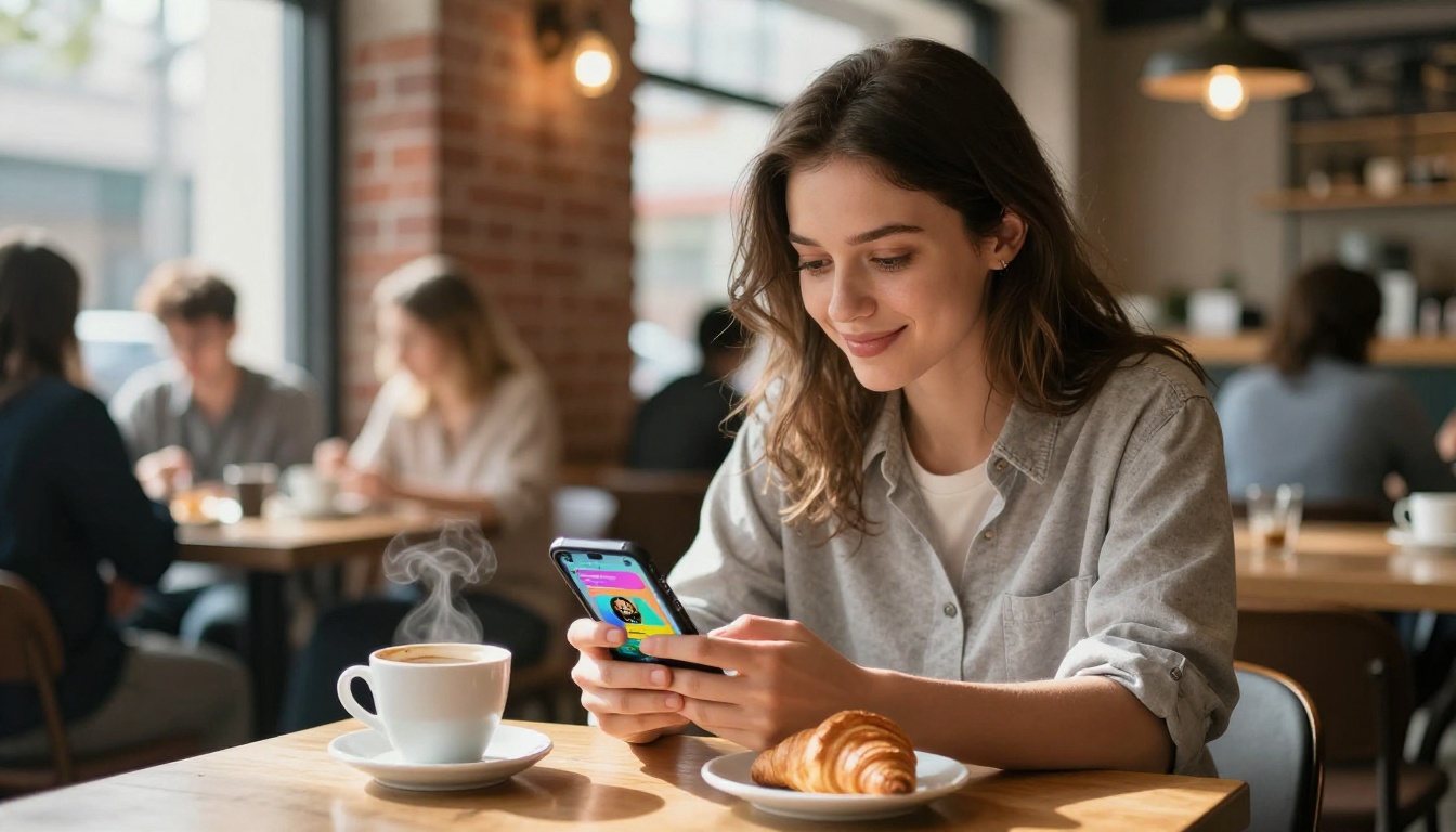 Woman smiling at smartphone in a sunlit café