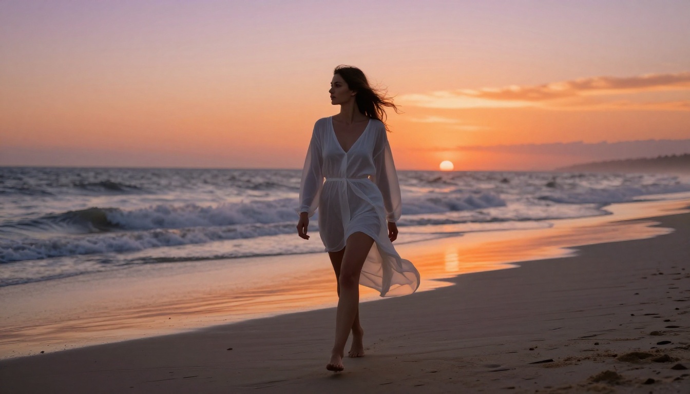 Elegant woman walking on a deserted beach at sunset