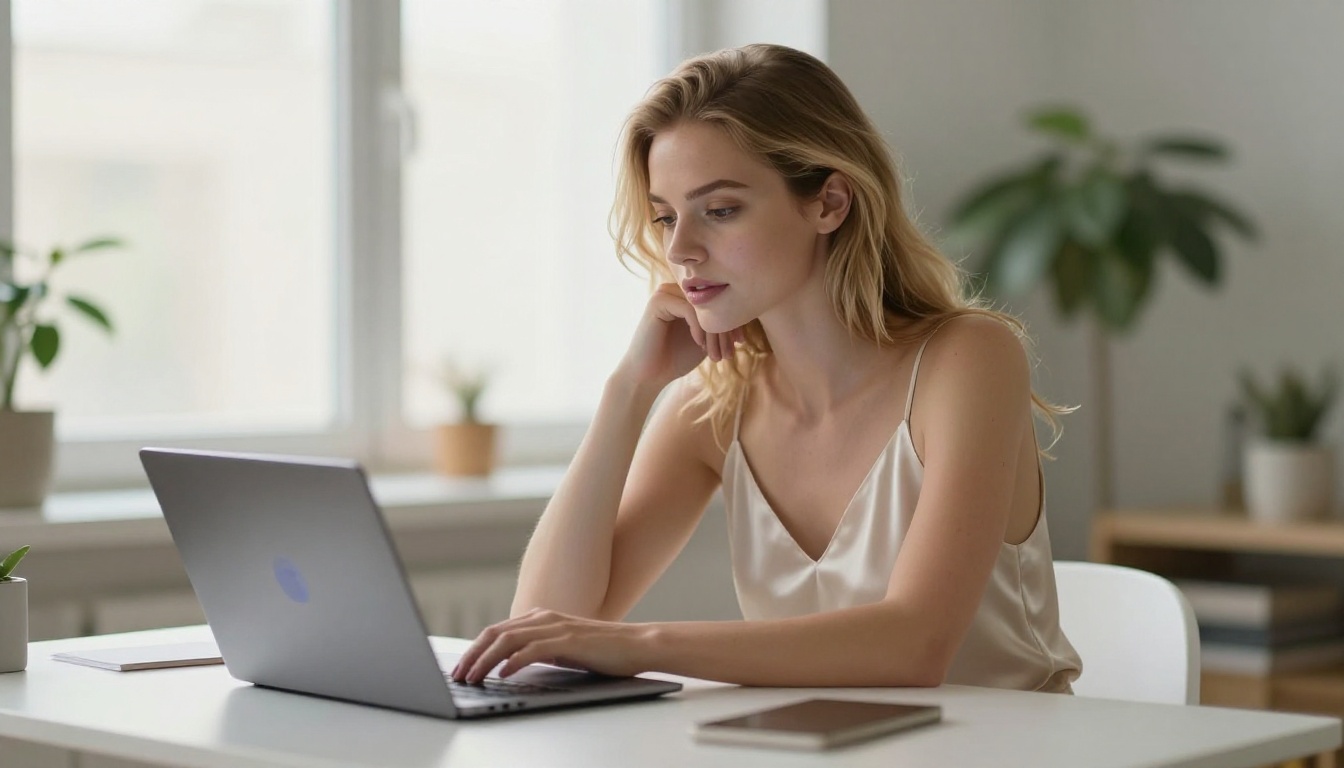 Woman using laptop for AI image generation