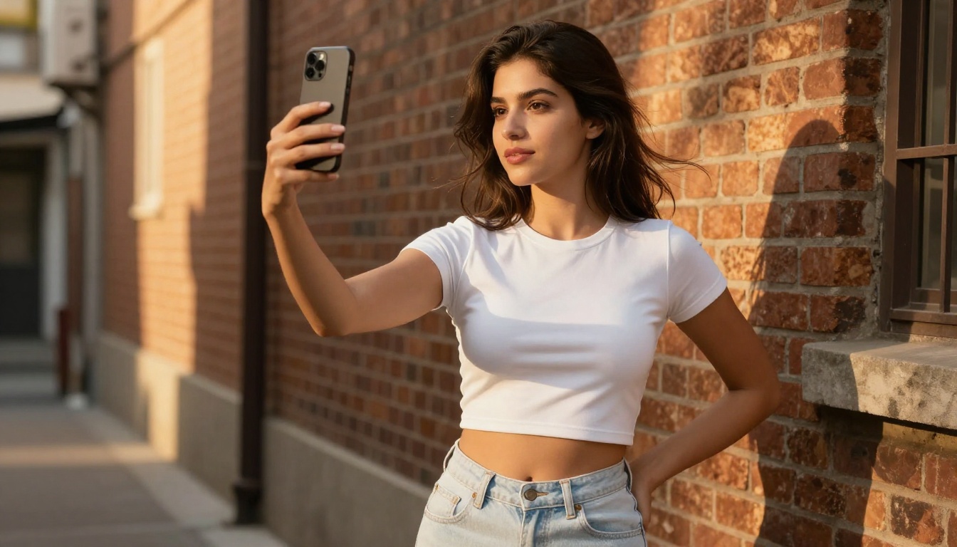 Urban casual crop top selfie in a sunny alley