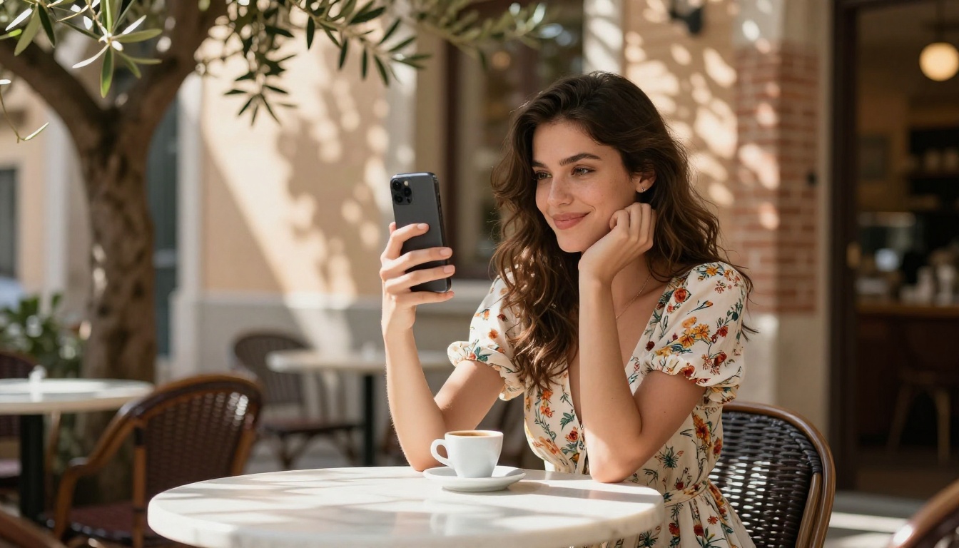 Cafe terrace selfie in a floral sundress, Mediterranean light