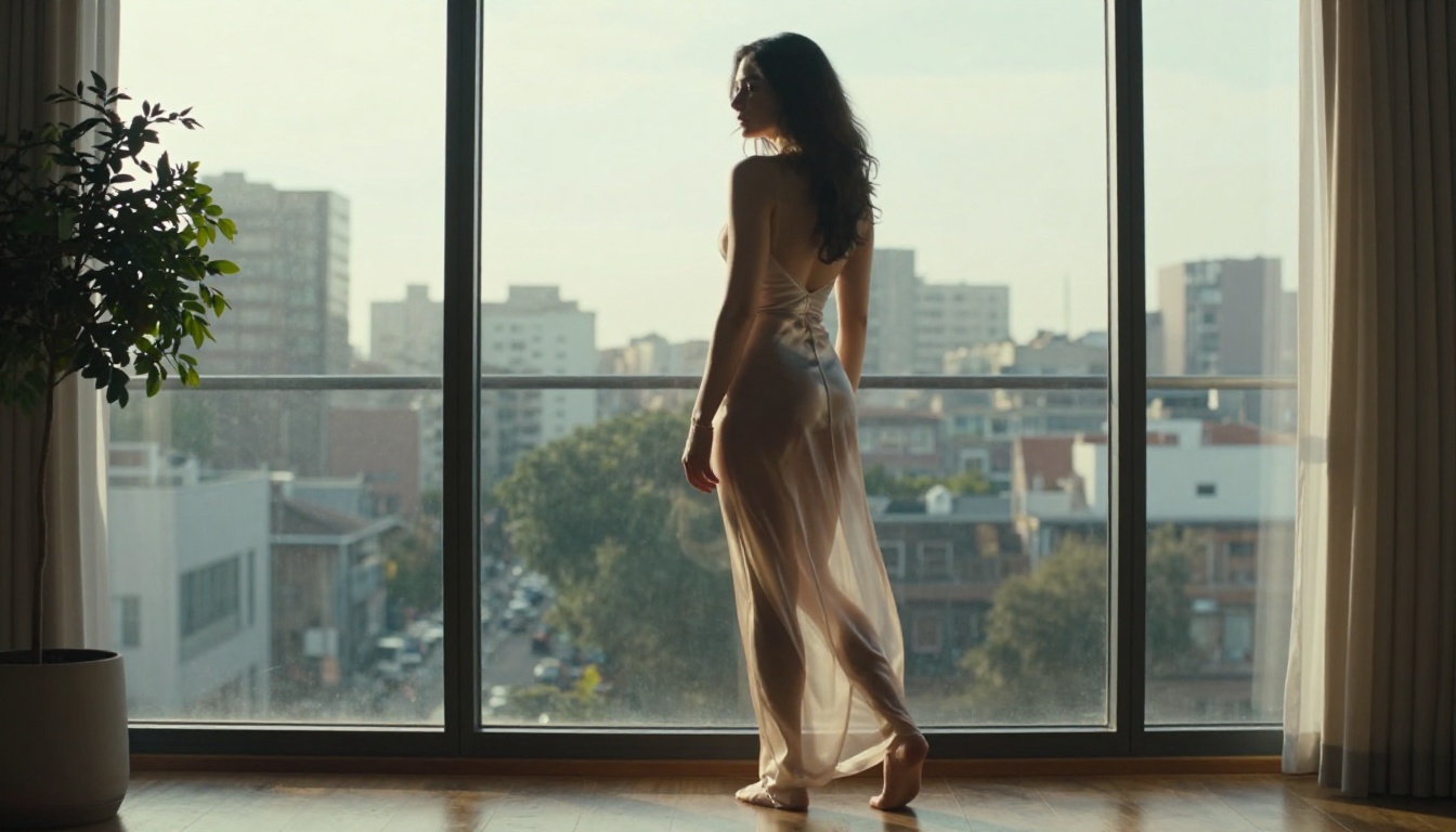 Woman in sheer flowing silk bodysuit by floor-to-ceiling window, natural daylight rim lighting, city blurred behind, cinematic editorial photography Woman in sheer flowing silk bodysuit by floor-to-ceiling window, natural daylight rim lighting, city blurred behind, cinematic editorial photography