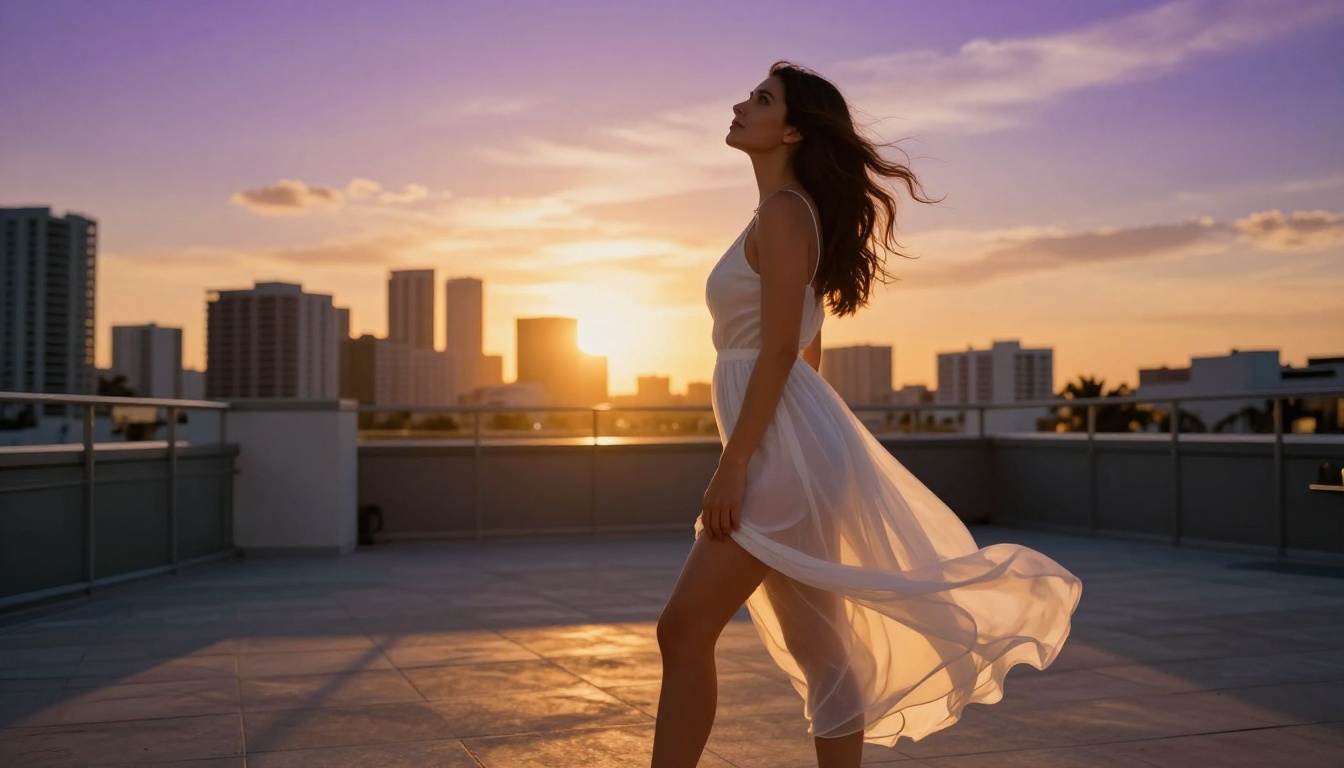 Low-angle golden hour rooftop Miami AI portrait
