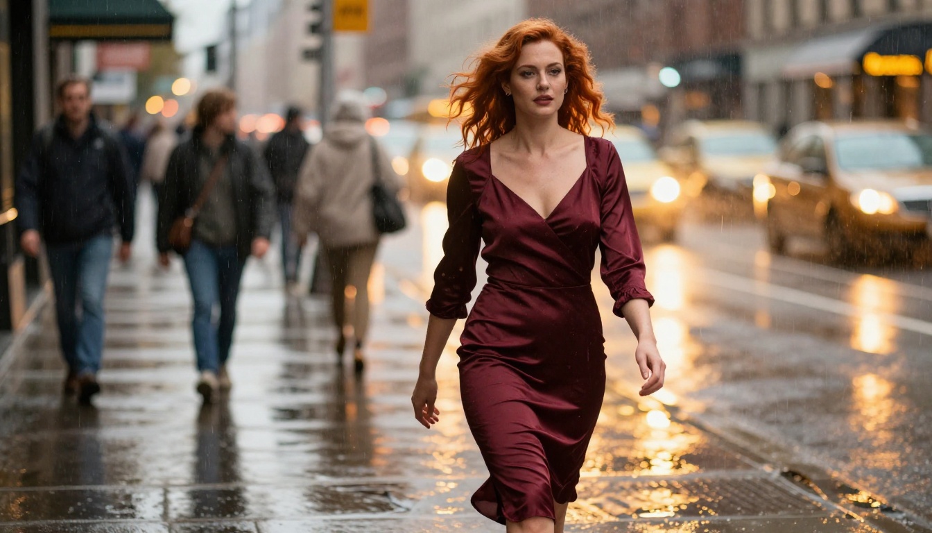 Woman in evening wear, wet urban street at golden hour