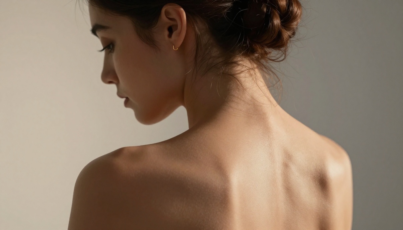 Artistic fine art close-up of a woman's bare back and shoulders, studio lighting from above-right, skin texture detail, Kodak Ektar 100 film look, 8K