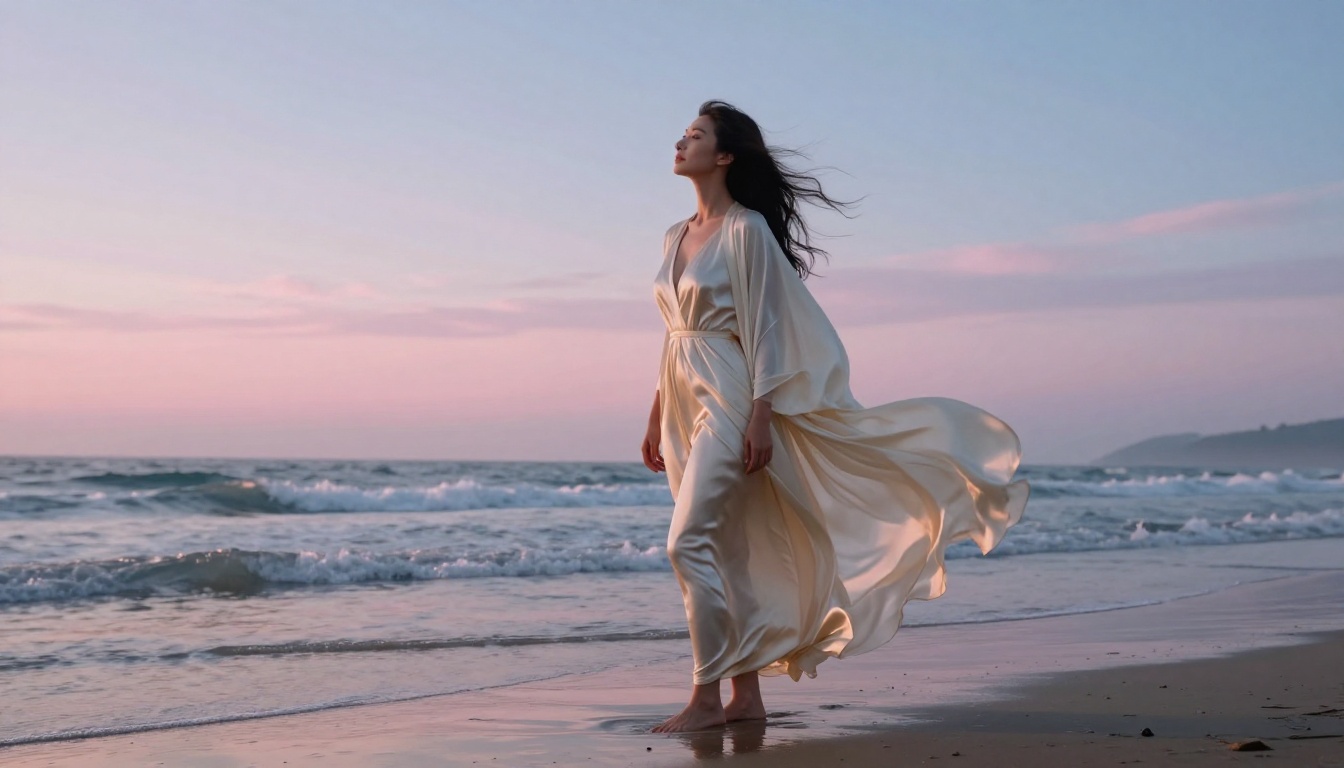 Woman in flowing cream silk robe at the ocean's edge at dawn, pastel sky in pale blue and blush pink, ultra-wide 24mm lens, cinematic ethereal atmosphere
