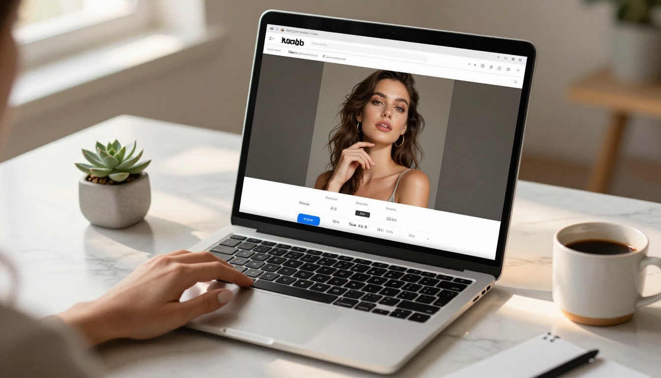 A sleek laptop on a marble desk displaying an AI image generation interface, woman's hand on keyboard, soft morning light, flat lay photography A sleek laptop on a marble desk displaying an AI image generation interface, woman's hand on keyboard, soft morning light, flat lay photography
