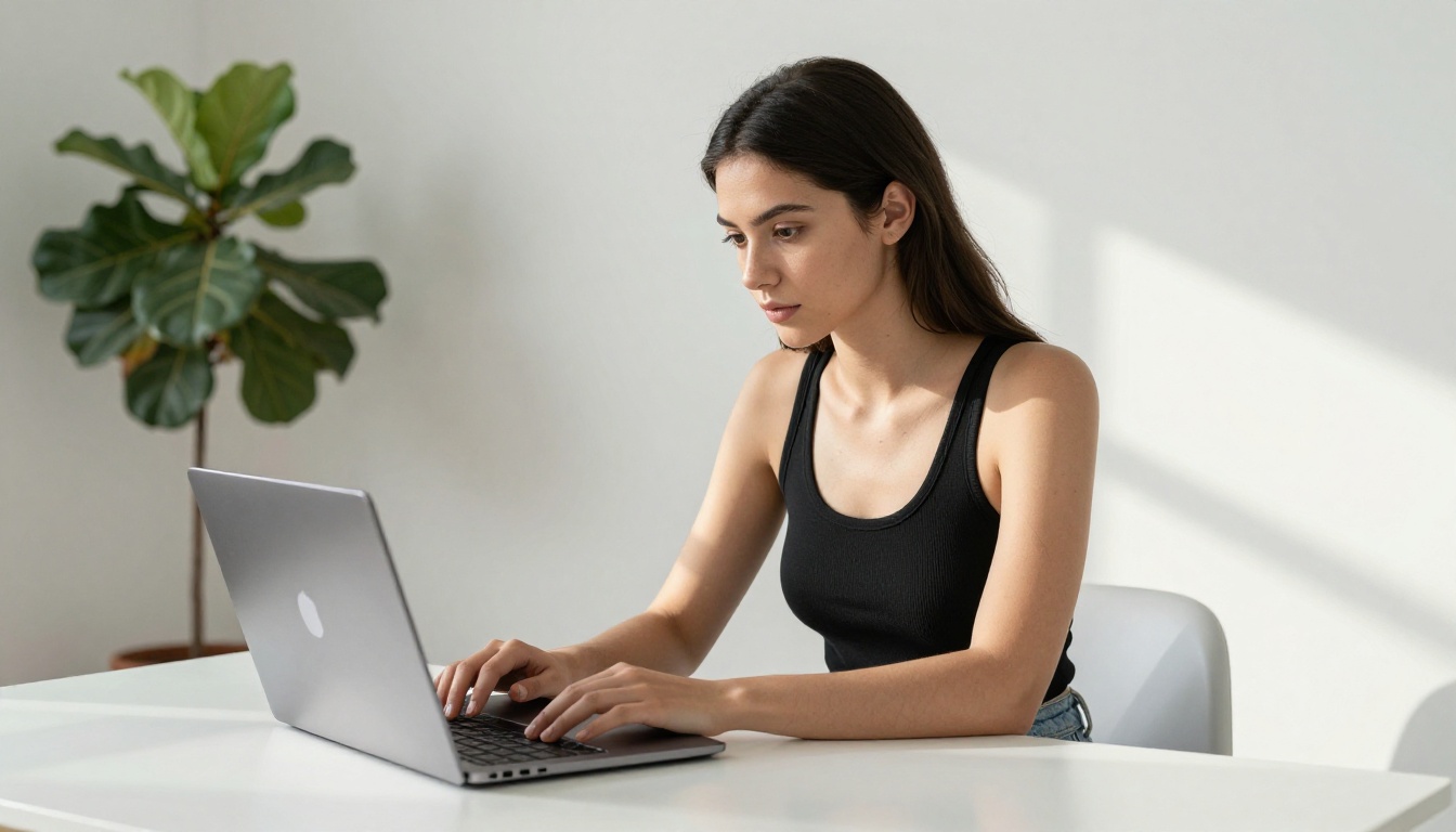 Woman using AI image generator on laptop in bright home studio