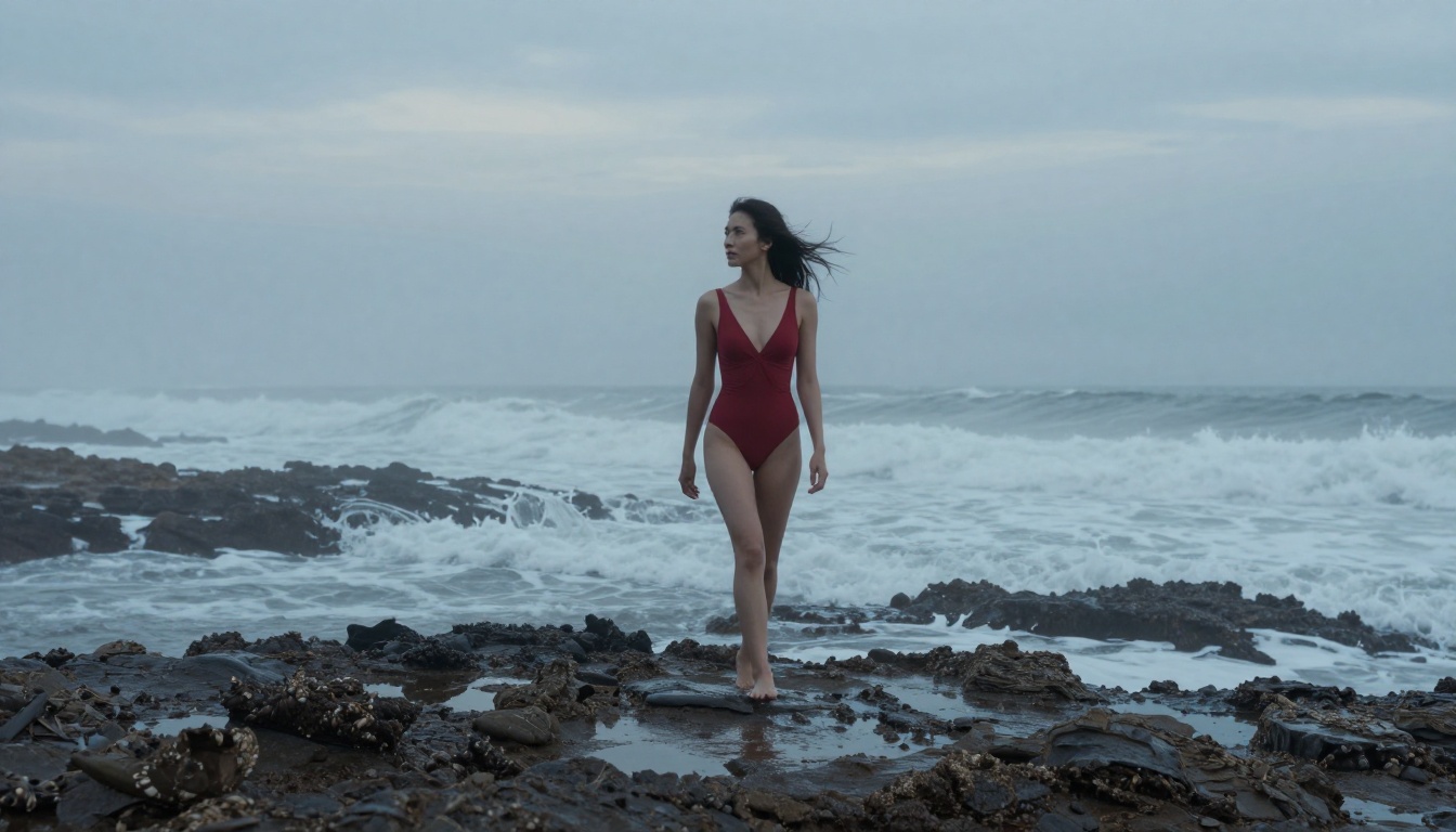 Woman in red swimsuit on misty rocky shoreline