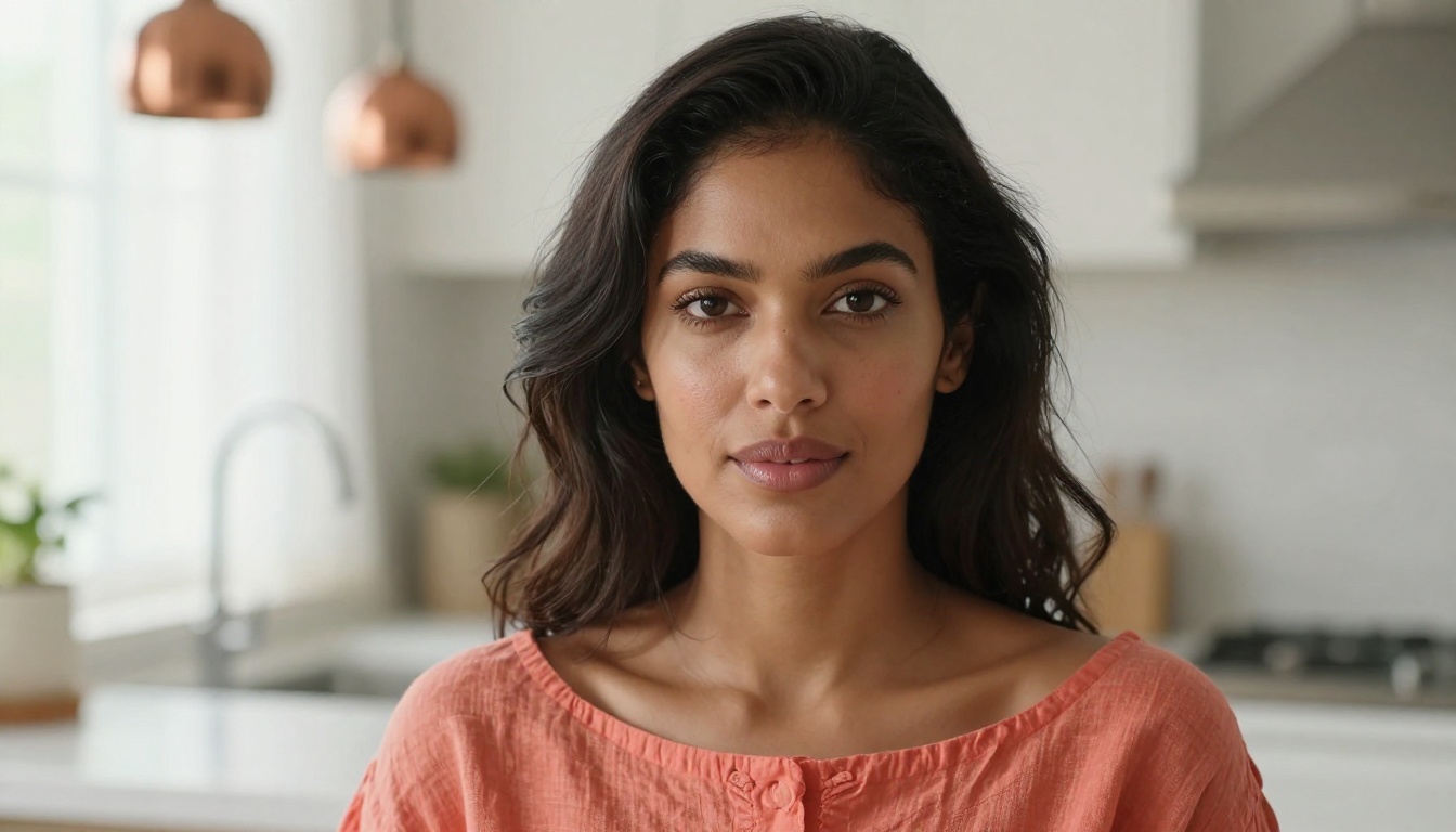 Close-up portrait of confident woman with olive skin in coral off-shoulder blouse