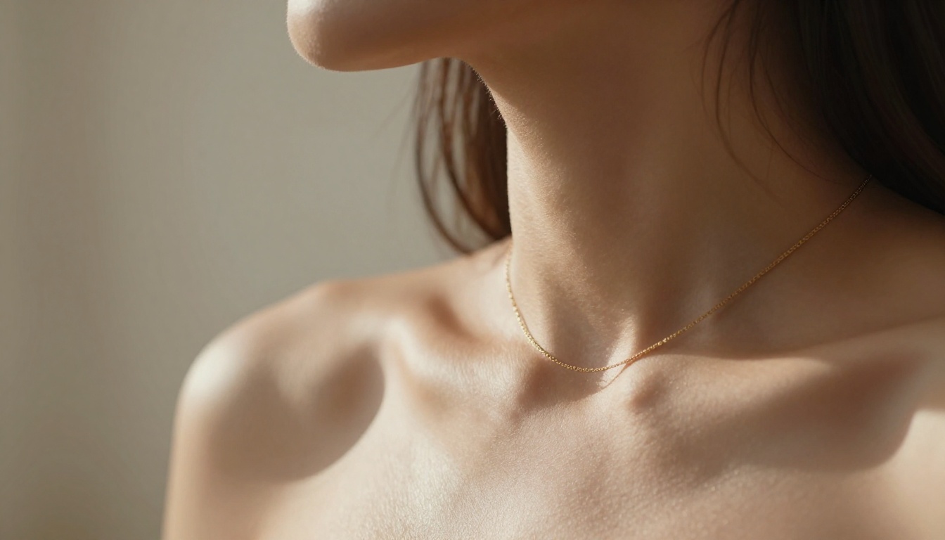 Close-up beauty detail shot collarbone with gold necklace