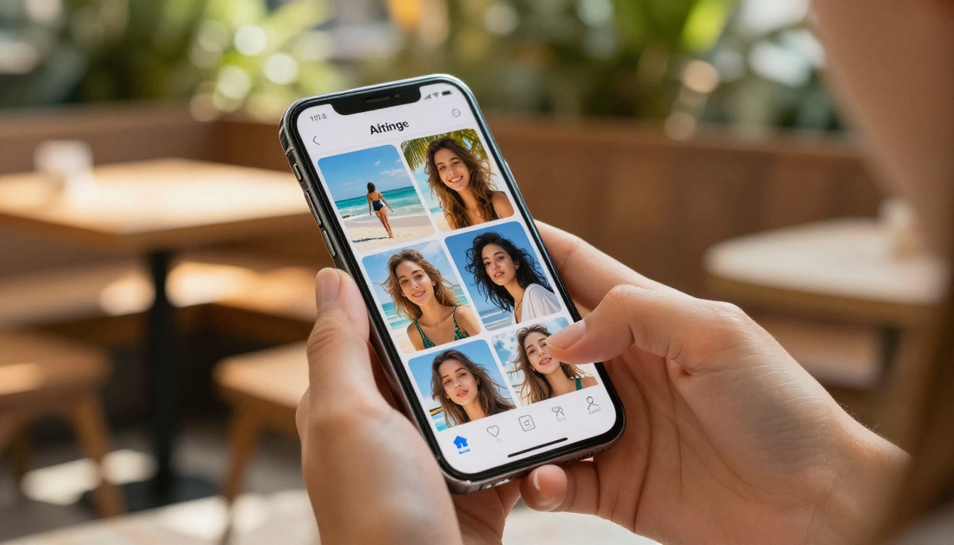 Close-up of woman's hands holding smartphone with AI image generator app open at outdoor café