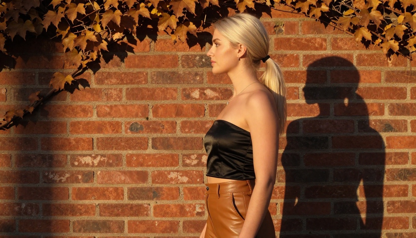 Platinum blonde woman in black strapless top, side-profile against golden-hour ivy brick wall