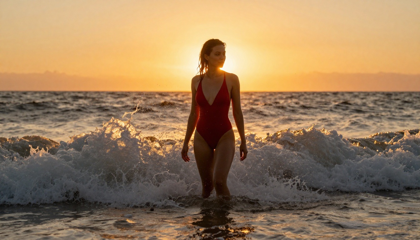 Woman waist-deep in ocean at sunset wearing red swimsuit Woman waist-deep in ocean at sunset wearing red swimsuit