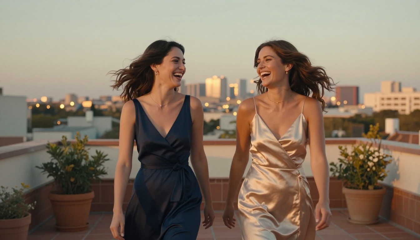 Two women laughing on rooftop terrace at dusk with city skyline Two women laughing on rooftop terrace at dusk with city skyline