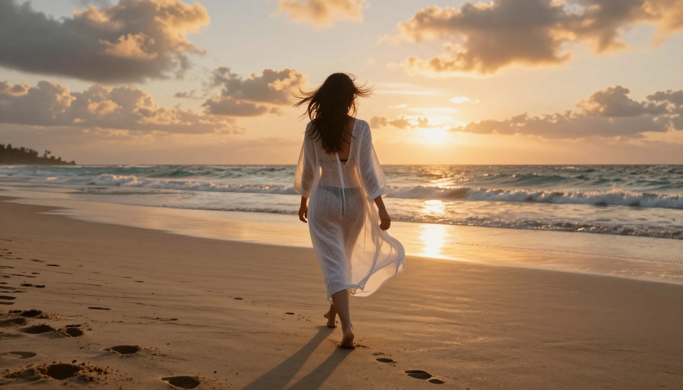 Woman walking on tropical beach at magic hour in sheer cover-up Woman walking on tropical beach at magic hour in sheer cover-up
