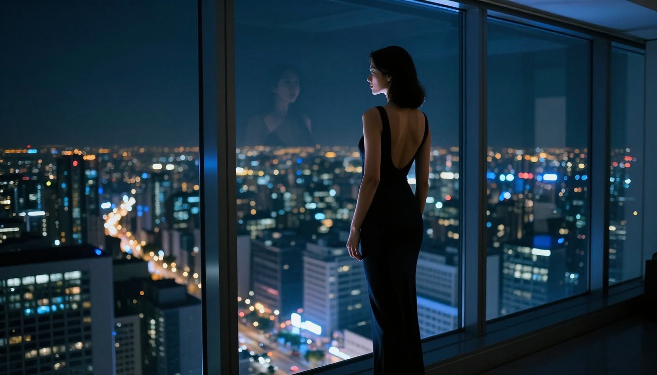 Woman in black dress silhouetted against city lights at night Woman in black dress silhouetted against city lights at night