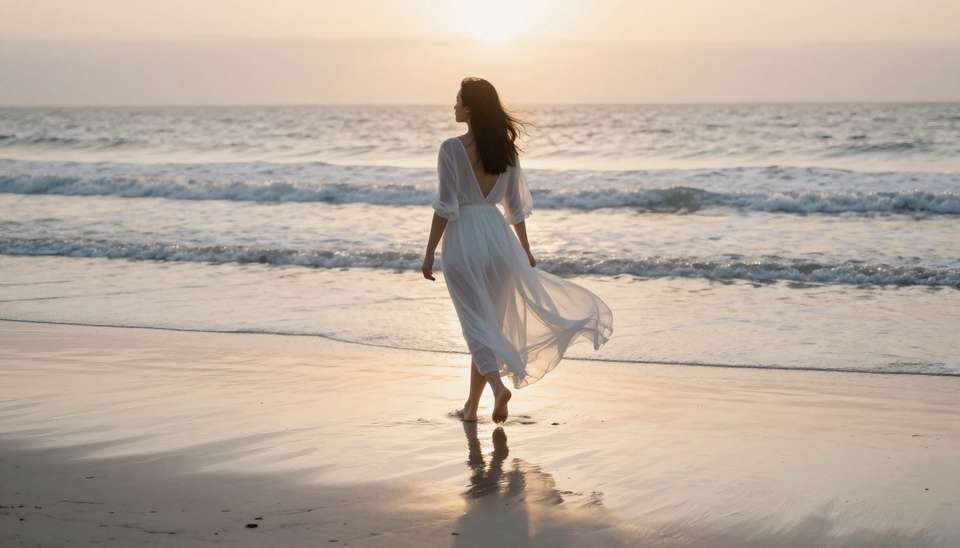 Woman in flowing sheer white dress walking on deserted beach at sunrise