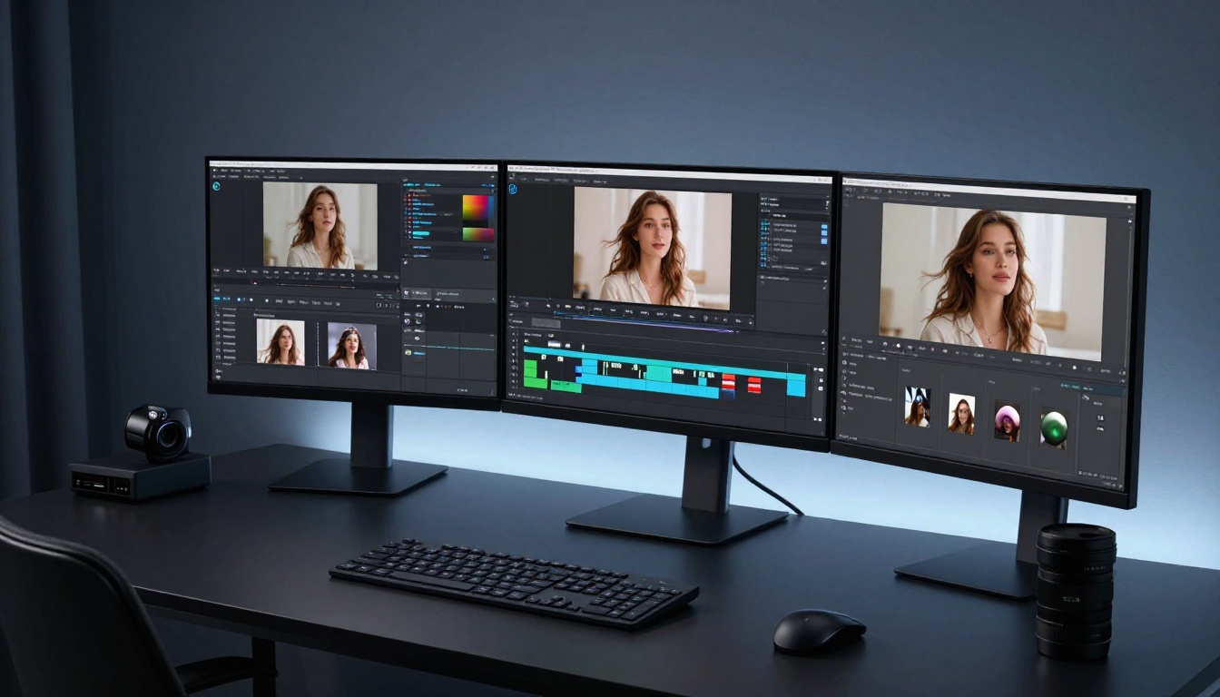 Professional AI photo-to-video workstation with dual monitor setup