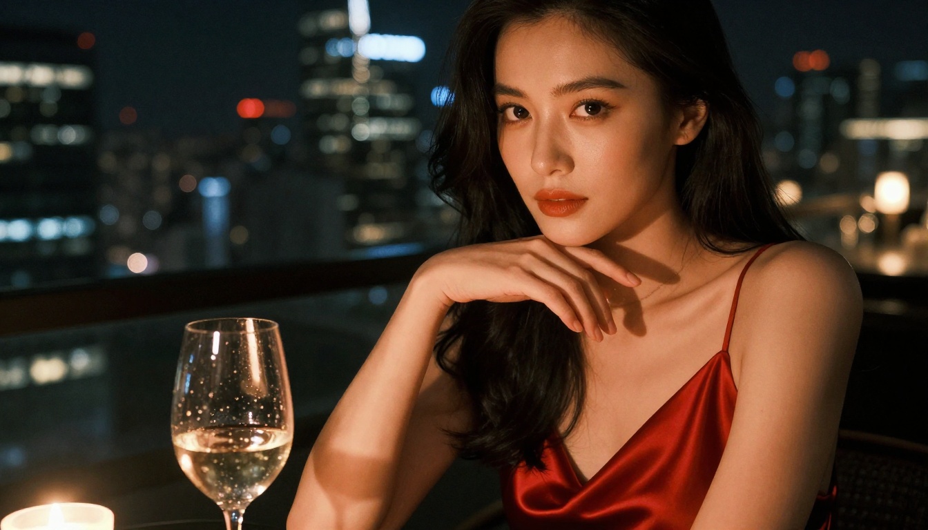 Confident woman at candlelit rooftop bar in a red satin dress